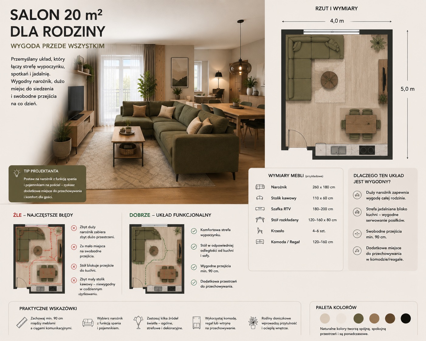 aranżacja salonu 20m2 dla rodziny